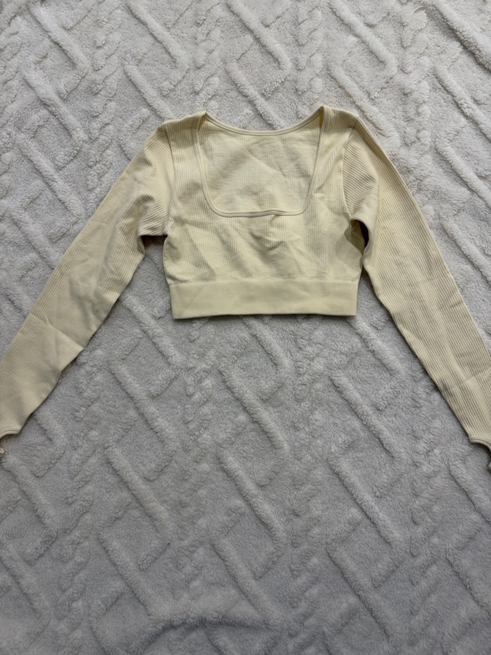 OQQ Ribbed Square-Neck Long Sleeve Crop Top - Cream